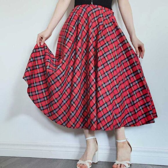 Simon Chang Dresses & Skirts - Vintage 90s red and black plaid wool midi circle skirt from Simon Chang